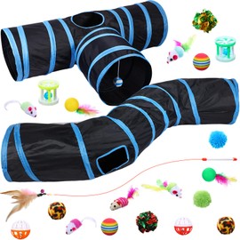 Wettarn 22 Pieces Cat Toys Set, with 2 Collapsible Cat Tunnels for Indoor Cats and 20 Kitten Toys Cat Tubes and Tunnels Interactive Cat Feather Toy Mouse Crinkle Balls for Cats Puppies (Black, Blue)