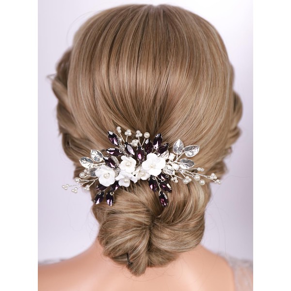 Rumtock Purple Crystal Beads Hair Comb with 3D Flower White