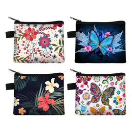 4 Pieces Flower Printed Storage Bag, Women'S Coin Wallet, Portable Card Bag, Mini Clutch.