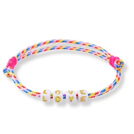 happymaker - Surferarmband Männer und Frauen, Segeltauband bunt mit Buchstaben - Love - in gold, zwei Schiebeknoten in pink neon, größenverstellbar, wasserfest und handmade