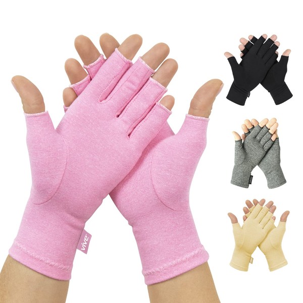 Vive Pink Arthritis Hand Compression Gloves - Comfortable Fit for Men and Women - Open Finger for Rheumatoid, Osteoarthritis and Computer Typing Pain - Carpal Tunnel Support - Moisture Wicking Fabric