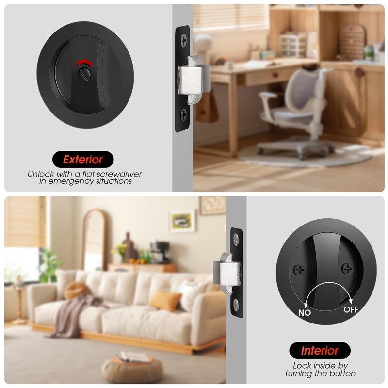Aglehome Matte Black Pocket Door Hardware with Indicator, Contemporary Privacy