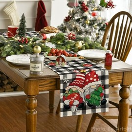 Artoid Mode - Camino de mesa con diseño de gnomo a cuadros de Navidad, árbol de Navidad con campana, decoración de mesa de Navidad, decoración de cocina y comedor de temporada de invierno para