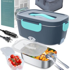 Upgraded 80W Electric Lunch Box, Portable Lunch Warmer Food Heater for Adults Car/Truck/Office 12/24/110V, Fast Heating Lunchbox with Leak Proof Lid SS Container - Colour: Grayish Blue