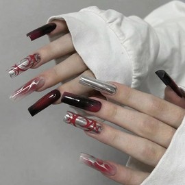 MISUD Press on Nails - Long Square Glue on Nails with Goth Red Black, Acrylic Silver Chrome Design 24 pcs