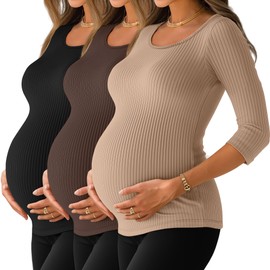 Neer 3 Pack Women's 3/4 Sleeve Maternity Shirts Cotton Maternity Work Tops Quarter Sleeve Ribbed Round Neck Pregnancy Clothes(Khaki, Brown, Black,Medium)