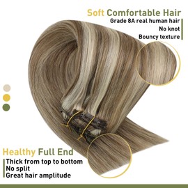 Sunny Fishing Wire Hair Extensions Brown Highlight Caramel Blonde #P4/27 Fish Line Extensions Straight Invisible Wire Hair Extensions Real Human Hair Fish Line Extensions 16inch 80g