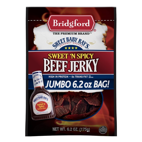 Bridgford Sweet 'N Spicy Beef Jerky de Bridgford Sweet Baby Ray's, alto contenido en proteínas, cero grasas, fabricado con carne 100% americana, 6 onzas, paquete de 1