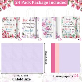 24Pcs Religious Gift Bags Bible Verse Paper Bags Party Favors with Handles 24 Tissues Christian Gift Bags Bulk Baptism Church Inspirational Flower Treat Bags for Women Girls Nativity Birthday Wedding