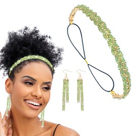 Flayem Rhinestone Elastic Head Chain Shiny Headband Women's Vintage Headband Hair Band with Earrings Elegant Head Chain for Women (Light Green, 45.5 cm)
