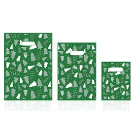 Jaywayang 200Pcs Green Christmas trees Plastic Merchandise Bags Boutique Shopping Retail Bags with Handles 3 Sizes Goodie Gift Bags Bulk for Christmas Holiday Family or Business Party Favor.