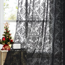 Abstractex Black Lace Net Curtains 54 Inches Long Damask Floral Sheer Panels for Bedroom Luxury Vintage Light Filtering Victorian Rod Pocket Window Treatment Sets for Living Room, 54" W 2 Panels
