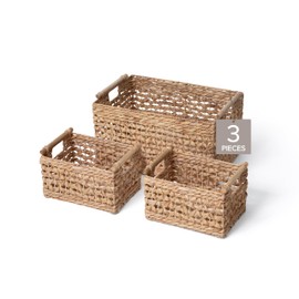 Water Hyacinth Storage Baskets - Set of 3 Woven Decorative Baskets, Multi-size Organizers for Household Storage, Home Office, Pantry, Kitchen, Laundry, with Handles & Wood Accents, Natural