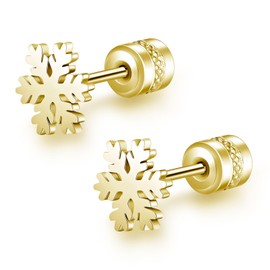 Snowflake Stud Earrings for Women Girls Titanium Screw Back Stud Earrings Hypoallergenic Christmas Jewellery Gifts (gold)