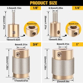 Glass Diamond Grinder Bit Head Tools Stained Glass Drill Bits Brass Core Stained Grinder Bits Stain Tools 4 Sizes 1" 3/4" 1/4" 1/8"
