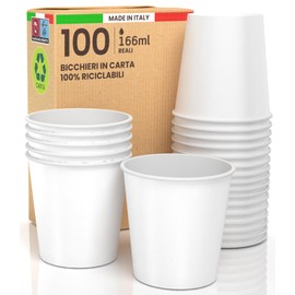 100 White Paper Cups 166ml Eco Friendly Biodegradable Disposable Cups Made in Italy Takeaway Hot Drinks Water Made and Packed in Italy