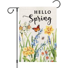Hello Spring Garden Flag 12x18 Inch Double Sided Daffodils Floral Small Burlap Yard Flag for Outside