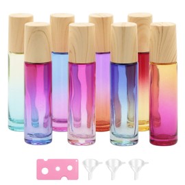 jiuwu 8 Pack 10ml 1/3 Oz Gradient 8 Colors Empty Refillable Glass Roller-Bottles for Essential Oils with Stainless Steel Ball Wooden Cap for Perfume/Aromatherapy/Organic 1 Opener + 3 Funnels