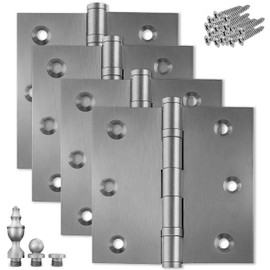 Finsbury Hardware Solid Brass Door Hinge Heavy Duty Ball Bearing Matte Silver 3.5 x 3.5 Inch with Decorative Screw-on Tips Included - Set of 4 Hinges (Satin Nickel)