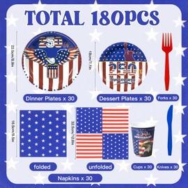 180PCS 4th of July Party Supplies, 250th Anniversary Patriotic Party Tableware Set Serve 30, Red White Blue Plates Napkins Cups Knives Forks for Memorial Independence Day Decorations Supplies