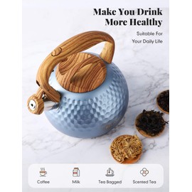 BELANKO 2.7 Quart Tea Kettle for Stovetop - Food Grade Stainless Steel with Diamond Texture, Designer Teapot Look, Cool-Touch Wood Pattern Handle, Whistling Spout - Glacier Blue