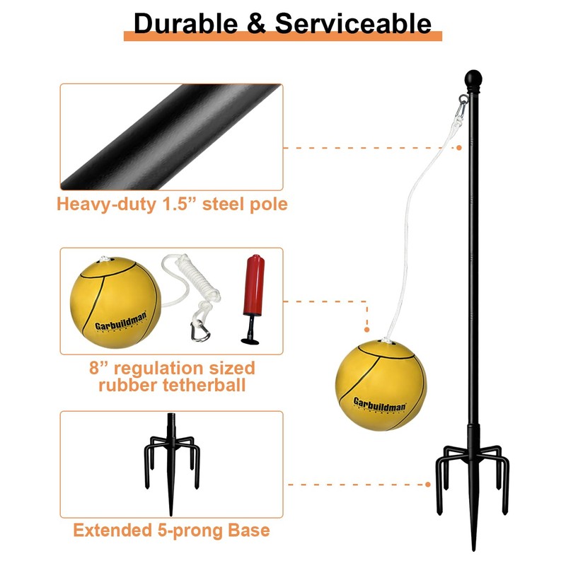 Garbuildman Tetherball Set with Rope for Outdoor Backyard, Adjustable Tether