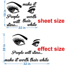ANFRJJI Makeup Wall Sticker for Beauty Room Decor - Eyelashes and Makeup PVC Removable Decals for Salon, Hairdressing, and Powder Room - "People Will Stare Make it Worth Their While" Quote -effect