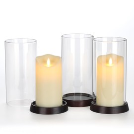 Hurricane Candle Holder Sleeve, 3PCS Wide 4", Height 8", Glass Candle Holder with Bamboo Plate Base, Open Ended Vases Candle for Tables, Bottomless Clear Glass Cylinder for Wedding Party Dining Gift