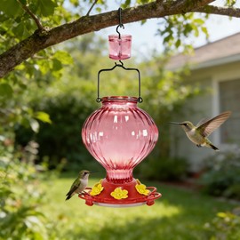 Glass Hummingbird Feeders for Outdoors Hanging, Big 38 oz Capacity with Ant Moat, 6 Feeding Ports, Leak-Proof Sealing Ring, Durable Colorfast Bottle, Easy to Clean, Garden Yard Decor, Pink
