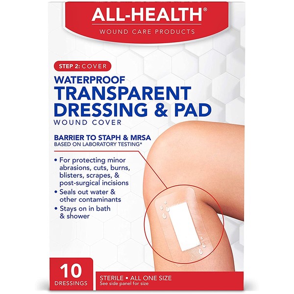 All Health Waterproof Transparent Dressing & Pad, Dressings, 2.375 in X 4 in | Wound Cover Barrier to Staph & MRSA, 10 Count