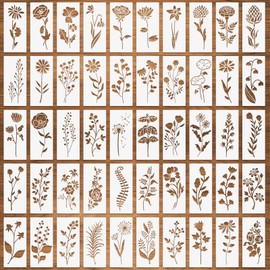 50 Pcs Wildflower Stencils, Small Flower Leaf Stencils for Painting on Wood, Daisy Rose Dandelion Tropical Leaf Botanical Stencils, Reusable Plant Stencil for DIY Fabric Paper Card Drawing - 3" x 6"