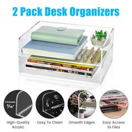 NiOffice Acrylic Desk Organizer, 2 Tier Stackable Clear Acrylic Desk Letter Tray Set, File Document Holder Paper Organizer for Desk, Desktop Organization for Office and Home Use (2 Regular)