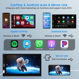 Hikity Single Din Wireless Car Stereo with Apple CarPlay Android Auto, 7 Inch Touchscreen Car Radio with Bluetooth Hands-Free FM AUX USB Rear View Camera Remote Control