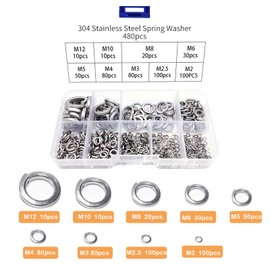 Ymaiss 480pcs 304 Stainless Steel Spring Lock Washers Assortment Kit, 9 SAE&Metric Sizes Split Lock Washers sets for Screws and Bolts M2 M2.5 M3 M4 M5 M6 M8 M10 M12