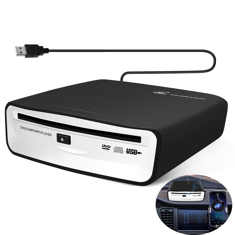 Clickinline Universal Portable Car External CD Player, Plugs Into Car