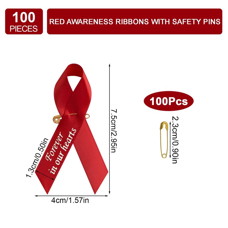 CRAFFANCY 100 Pcs Red Satin Ribbon Pins, Memorial Ribbon Brooches