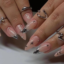 MERVF Almond Press on Nails Medium Fake Nail Sliver French Tip Glue ons Star Y2k Gothic Stiletto Acrylic False Nails with Rhinestones 3D Design Manicure Glossy 24pcs