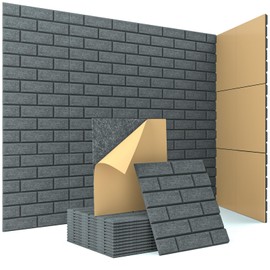 Acoustic Wall Panels, Brick Pattern Peel and Stick Sound Absorbing Panel for Ceiling, Door, Pared, 12 Pack 12"x12"x0.4", Dark Grey Decorative Self Adhesive Wall Tiles for Recording Studio, Room