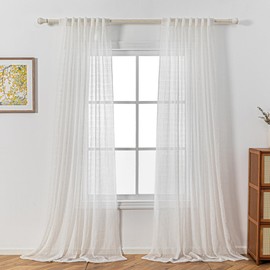 MYSKY HOME Curtains Living Room Curtain Boho Curtain Back Tab Set of 2 Curtain Linen Look Semi-Transparent Pleated Curtains for Children's Room H 175 x W 140 cm Beige