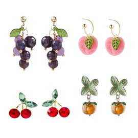 Hoshisea 4 Pairs Cute Fashion Fruit Earrings, Fruit Dangle Ears, Simulation Fruit Earrings, Cherry Earrings, for Bridal Hair Accessories, Birthday Party, Daily Wear, Alloy Steel