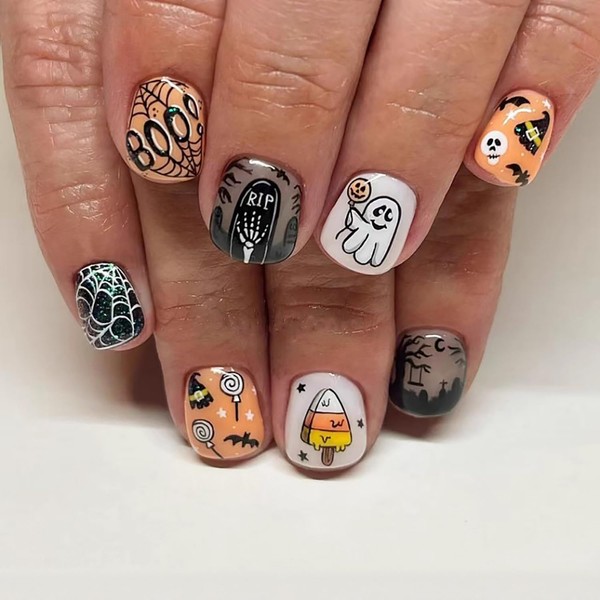 24Pcs Short Press on Nails Cute Halloween Fake Nails Ghost