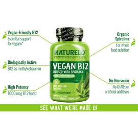 NATURELO Vitamin B12 with Spirulina | 90 Capsules | 3 Months