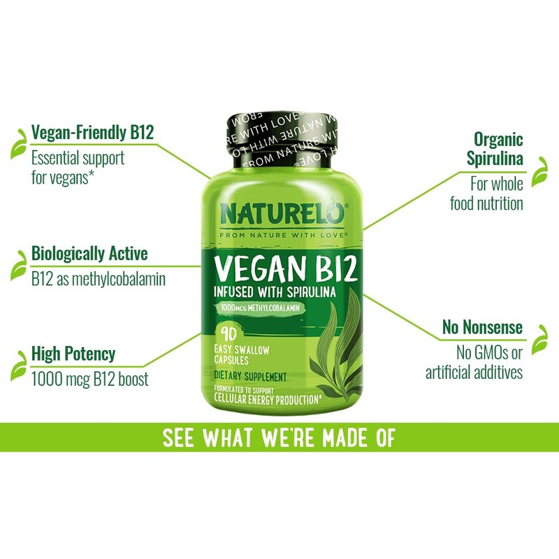 NATURELO Vitamin B12 with Spirulina | 90 Capsules | 3