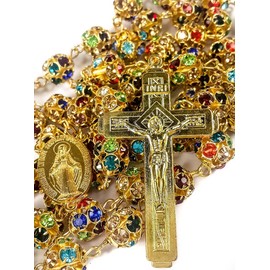 Nazareth Store Colorful Crystal Beads Rosary Necklace Catholic Gold Beaded Chaplet Miraculous Medal & Large Cross Crucifix