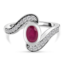 TJC Ruby and White Zircon Bypass Ring for Women in Platinum Plated 925 Sterling Silver Size L Promise Friendship Band Red Gemstone July Birthstone Metal Wt. 3.93 Grams