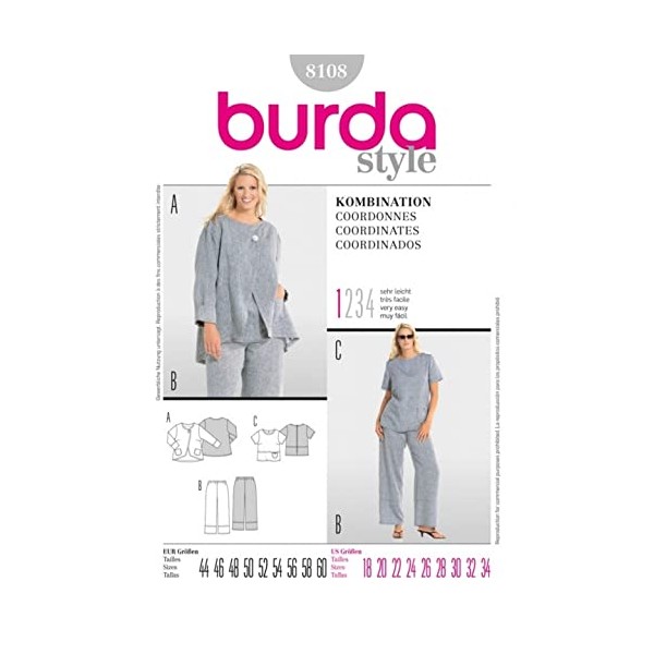 Burda Ladies Plus Sizes Easy Sewing Pattern 8108 Casual Top,