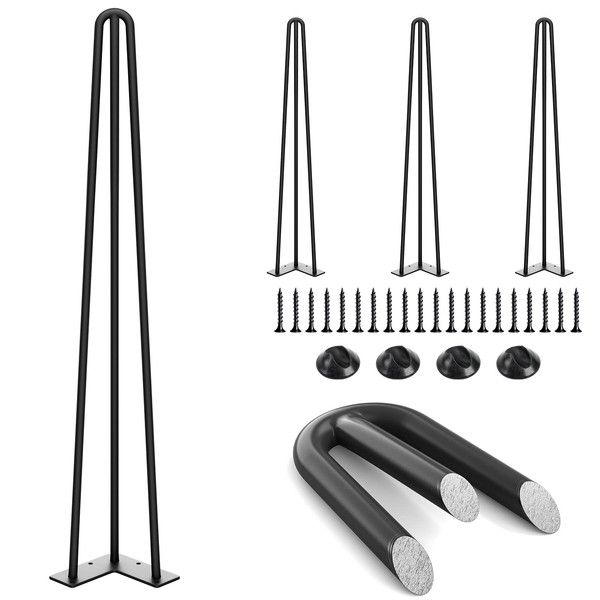 SMARTSTANDARD Hairpin Table Legs 28 Inch, 1/2'' 3 Solid Steel Rods, 900lbs Load Capacity, Mid-Century Style for Coffee Table, Side Table, Night Stand (Black, 4PCS)
