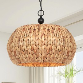 QIHONGLT Farmhouse Boho Chandelier,5-Light Hand-Woven Rattan Pendant Light,19.2in Rattan Light Fixtures Ceiling Hanging for Kitchen Island, Living Room, Hallway