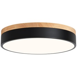 WOKNOS Modern Dimmable LED Close to Ceiling Light Minimalist Wood Oak Flush Mount Ceiling Light Fixture Circle Lighting for Bedroom Kitchen Bathroom Laundry Room (Black, 11.8'')