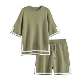 Ekouaer Womens Knit Pajamas Set 2 Piece Sweater Sets Short Sleeve Pullover Tops Loungewear Army Green, Small